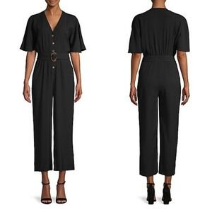 Calvin Klein Belted V-Neck Short Sleeve Jumpsuit with Pockets